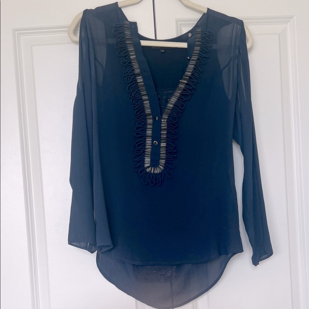 Elegant Navy Women's Blouse with Detailed Neckline